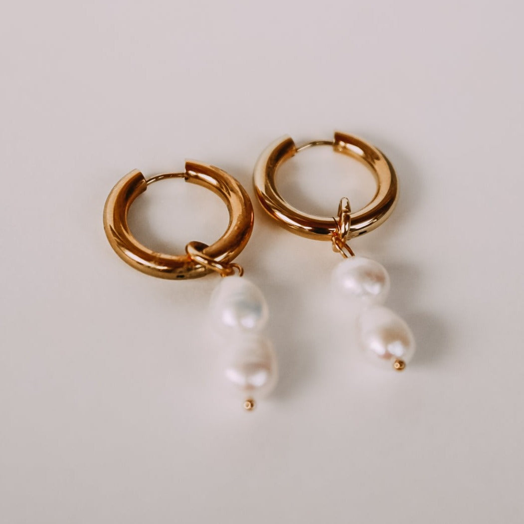 Pearl charm on Gold Earrings Hoop